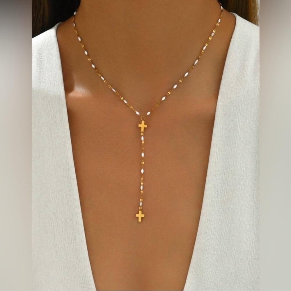 Gold Plated Stainless Steel Cross Lariat Necklace Dainty Rosary Style Pendant - Picture 1 of 2